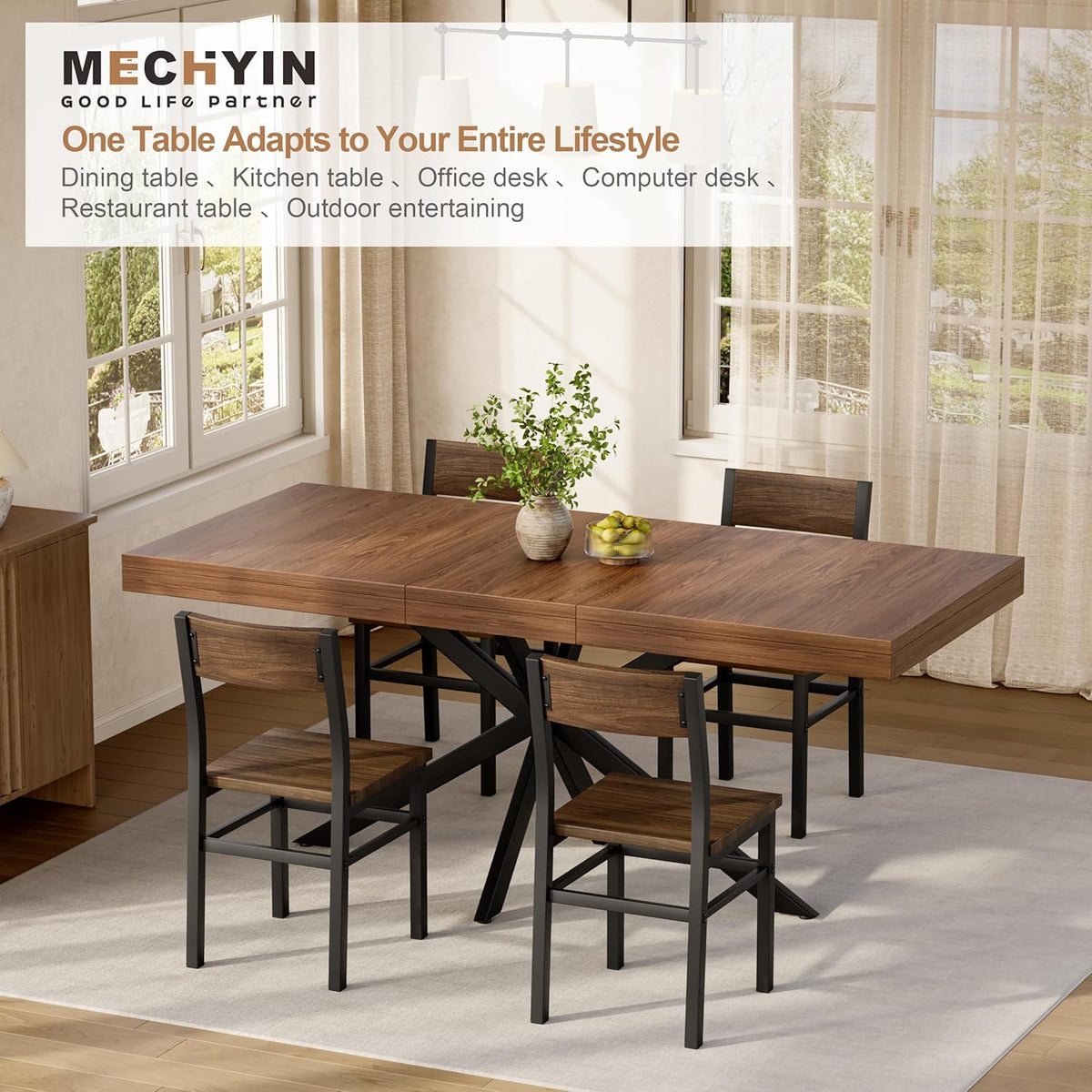 MECHYIN Extendable Dining Room Table for 4 6 8, 55"-70.9" Large Rectangle Kitchen Table,Wood Expandable Dining Table with Hidden Leaf & Storage, Space Saving, for Kitchen Dining Living Room, Walnut
