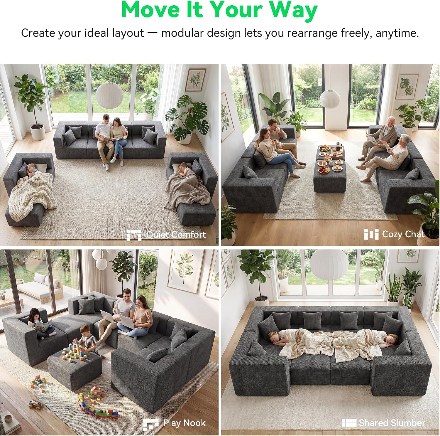 MONVANE Oversized Sectional Couch 08-Seat, Chenille, Gray | Sectional Couch for Living Room, Modular Cloud Sofa with Ottoman & 8 Throw Pillows, No Assembly Required