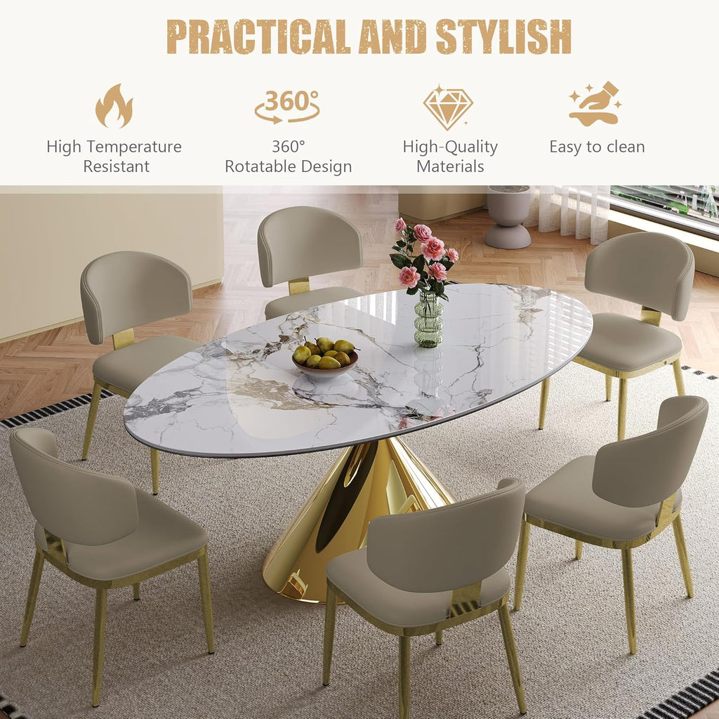 71" Oval Marble Dining Table with Gold Stainless Steel Base,Oval Kitchen Table for 4-6 People,Elegant Contemporary Dining Table