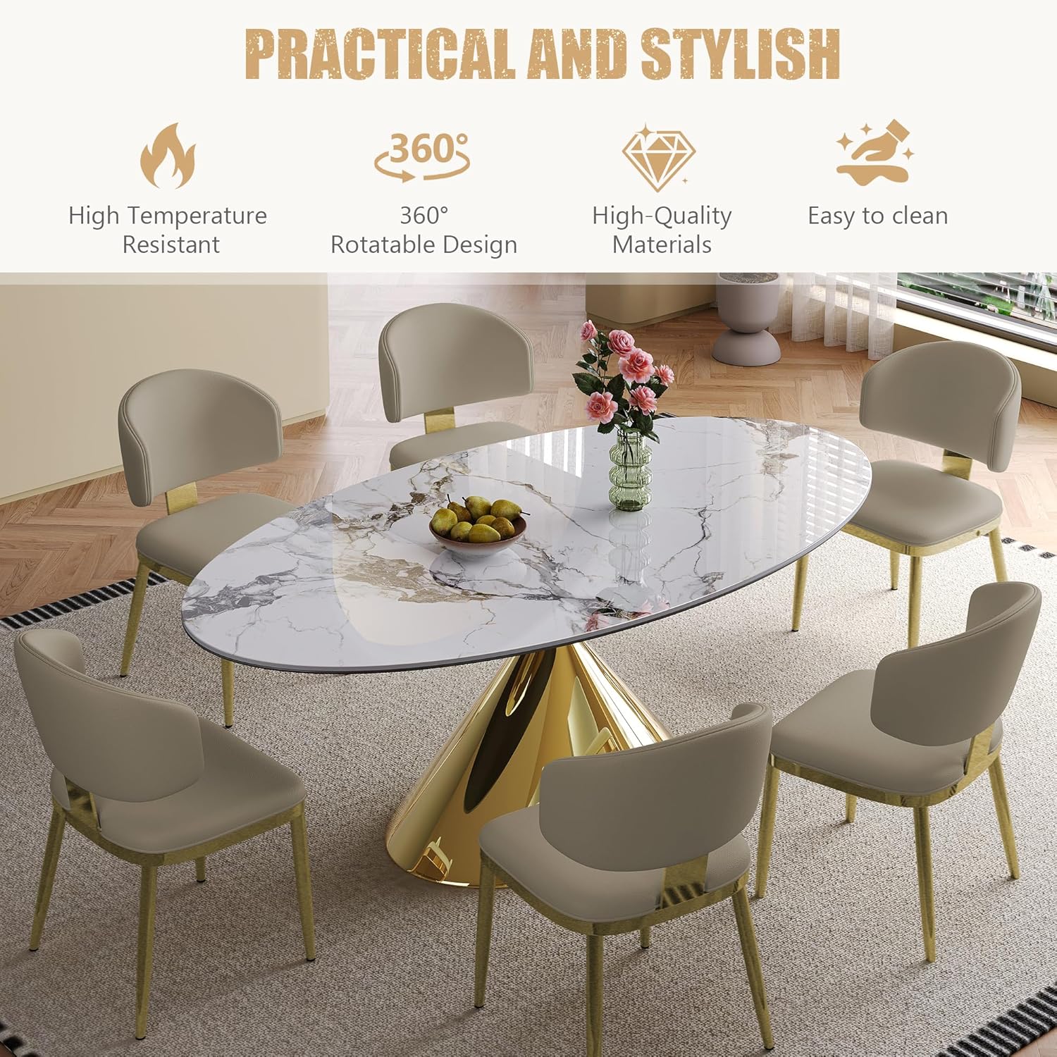 71" Oval Marble Dining Table with Gold Stainless Steel Base,Oval Kitchen Table for 4-6 People,Elegant Contemporary Dining Table