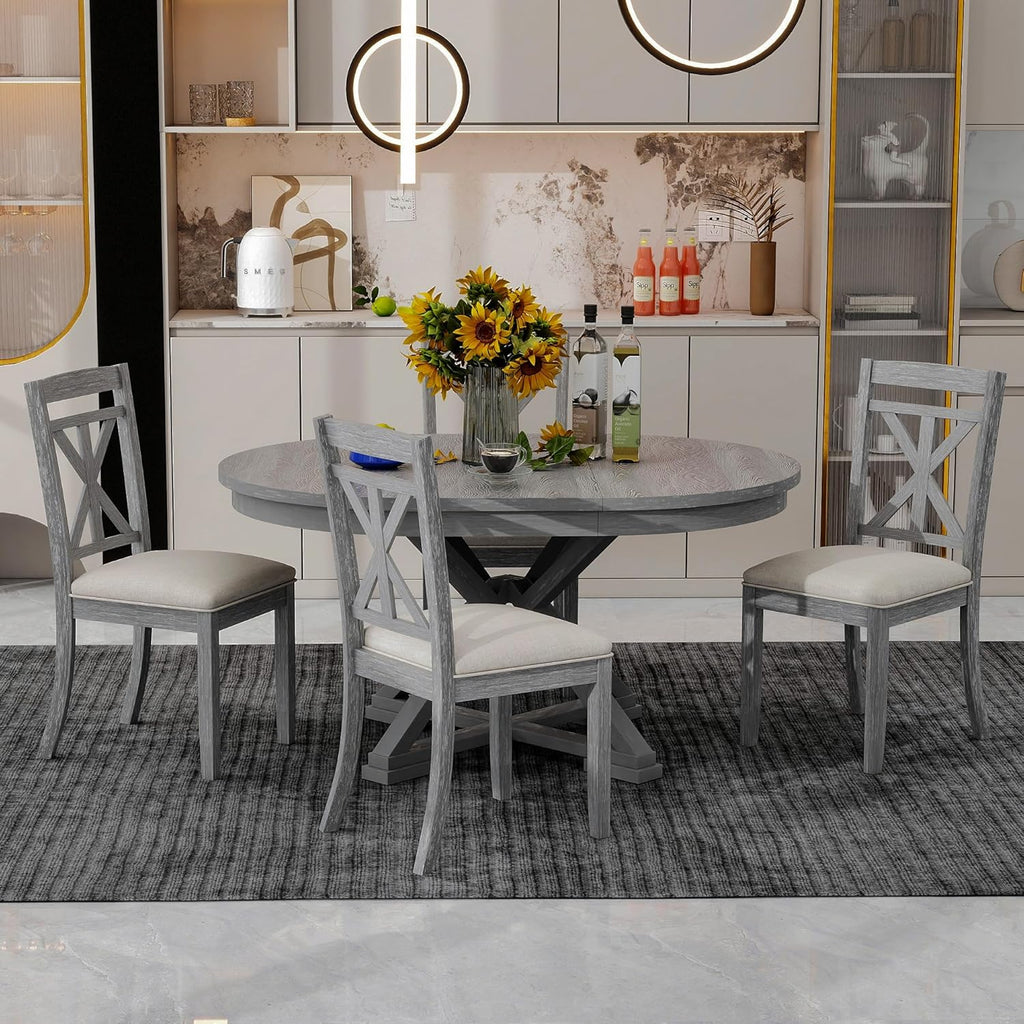 Merax Extendable Round Dining Table Set for 4, Farmhouse Kitchen Table Set with 4 Upholstered Chairs for Kitchen, Dining Room, Living Room, Grey