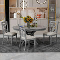Merax Extendable Round Dining Table Set for 4, Farmhouse Kitchen Table Set with 4 Upholstered Chairs for Kitchen, Dining Room, Living Room, Grey