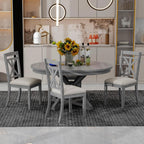 Merax Extendable Round Dining Table Set for 4, Farmhouse Kitchen Table Set with 4 Upholstered Chairs for Kitchen, Dining Room, Living Room, Grey