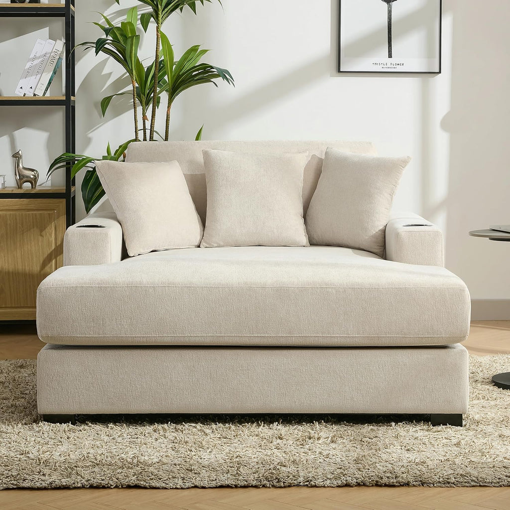 Merax Modern 55" Chaise Lounge with Pillow, Charge Station & Cup Holders,Upholstered Sofa Recliner Chair for Living Room Bedroom Cream