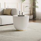 Modern Round End Table, Elegant Bowl Shaped Accent Sofa Side Table with Sintered Stone Tabletop & Pleated Leatherette Details, Small Round End Tables for Living Room Bedroom Apartment Office, White