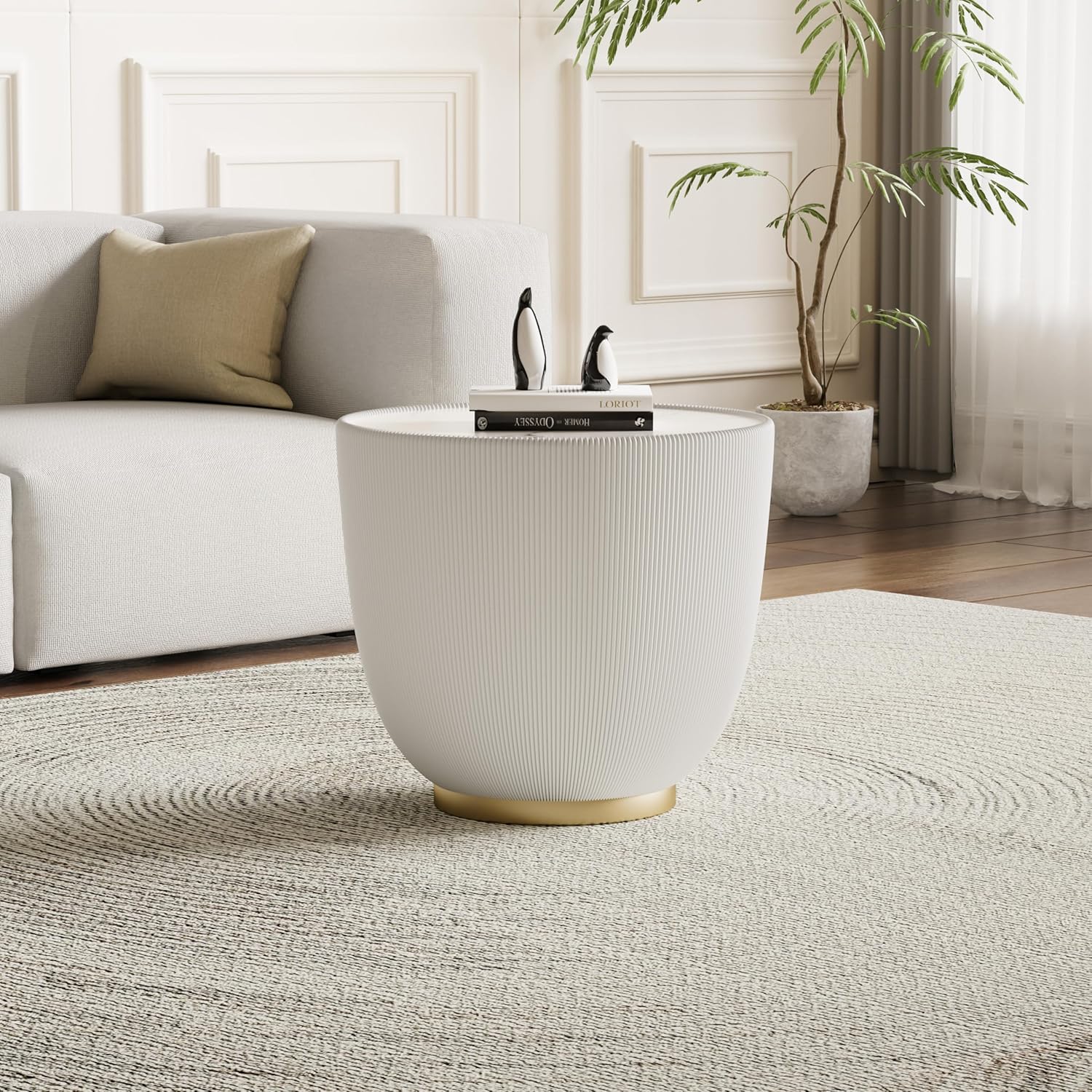 Modern Round End Table, Elegant Bowl Shaped Accent Sofa Side Table with Sintered Stone Tabletop & Pleated Leatherette Details, Small Round End Tables for Living Room Bedroom Apartment Office, White