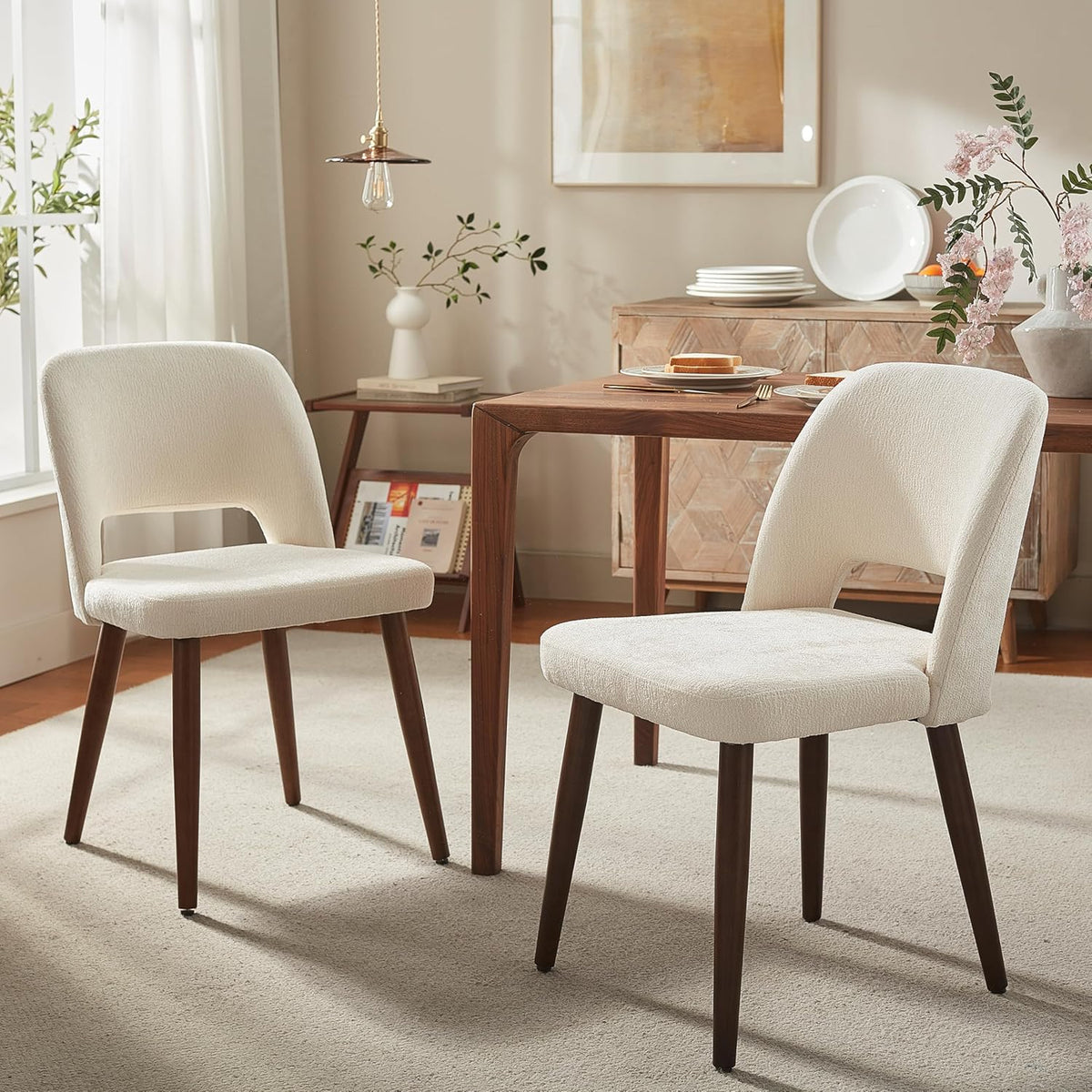 Usaint Wooden Dining Chairs Set of 2, 19.3" Modern Fabric Upholstered Dining Room Chair with Ergonomic Curved Backrest for Kitchen Dining Room and Restaurant, Beige