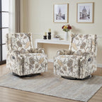Swivel Glider Floral Recliner Chairs Set of 2, High Back Swivel Rocker Fabric Accent Chair for Living Room, Rivet Trim Upholstered Armchair Manual Sofa Seating - Beige Plants