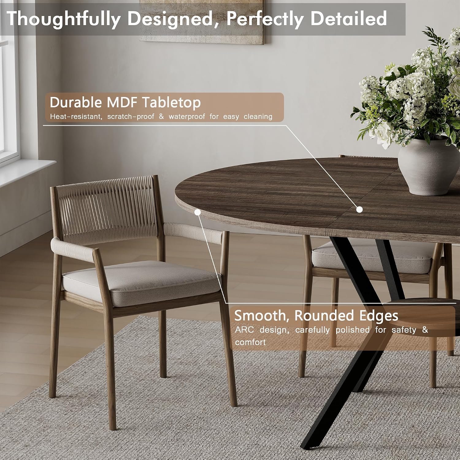 MECHYIN 42"-58" Extendable Round Dining Table for 4-6,with Storage Shelf | Space‑Saving Modern Oval Dining Table, Built‑in Flip Leaf, Sturdy Metal Legs, for Kitchen & Dining Room,Small Apartments
