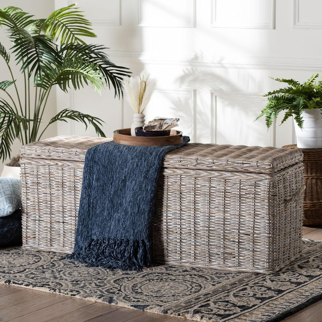 Bali & pari Clarette Whitewashed Rattan Storage Bench