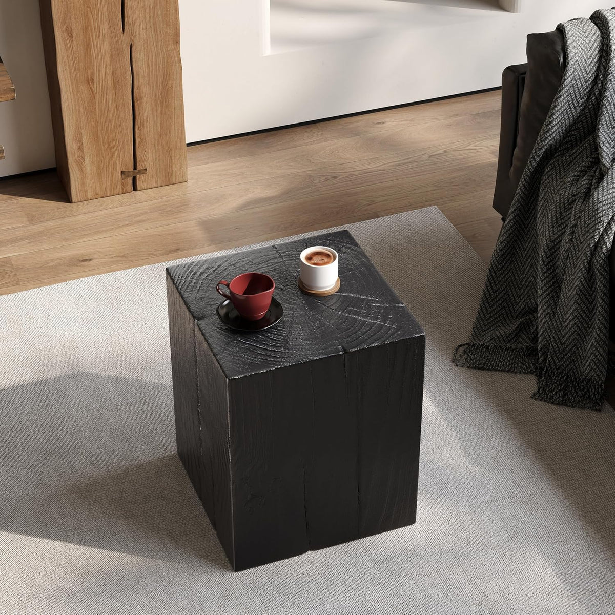 H18'' Square Side Table End Table for Living Room, Modern Farmhouse Countryside Style, MGO Material for Indoor & Outdoor, Natural Wood Grain, No Assembly, Black