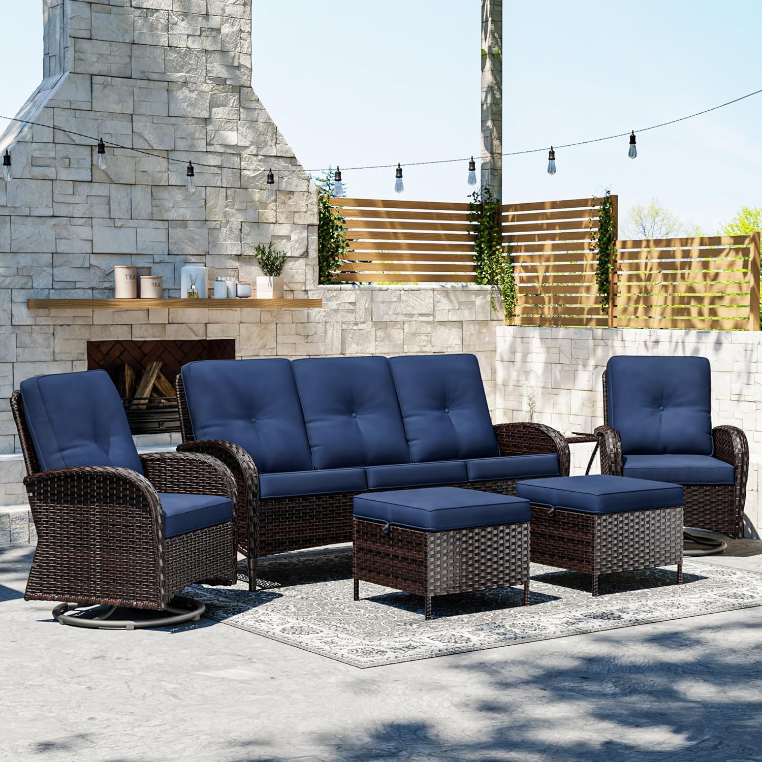 Joyside Wicker Patio Furniture Set, 6 Piece Outdoor Furniture Set with Thickened Cushions, High Back, Deep Seating, Wide Armrest, Outdoor Swivel Rocker Chairs for Porch, Deck