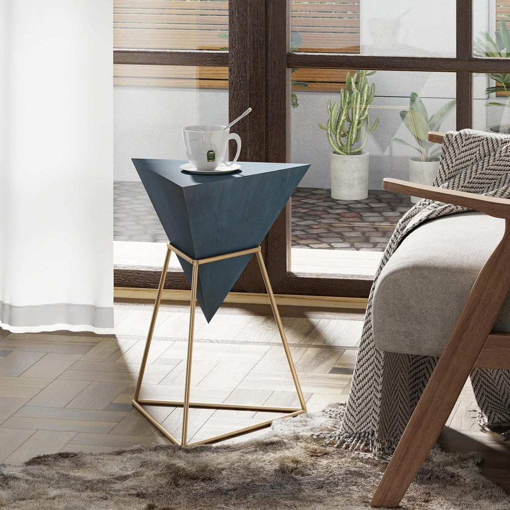 COZAYH Modern Geometric End Table with Wooden Top and Golden Metal Base, Unique Pyramid Side Table Plant Stand for Office, Living Room, Bedroom, Fully Assembled, Triangle, Blue