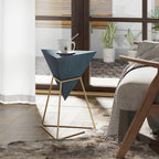 COZAYH Modern Geometric End Table with Wooden Top and Golden Metal Base, Unique Pyramid Side Table Plant Stand for Office, Living Room, Bedroom, Fully Assembled, Triangle, Blue