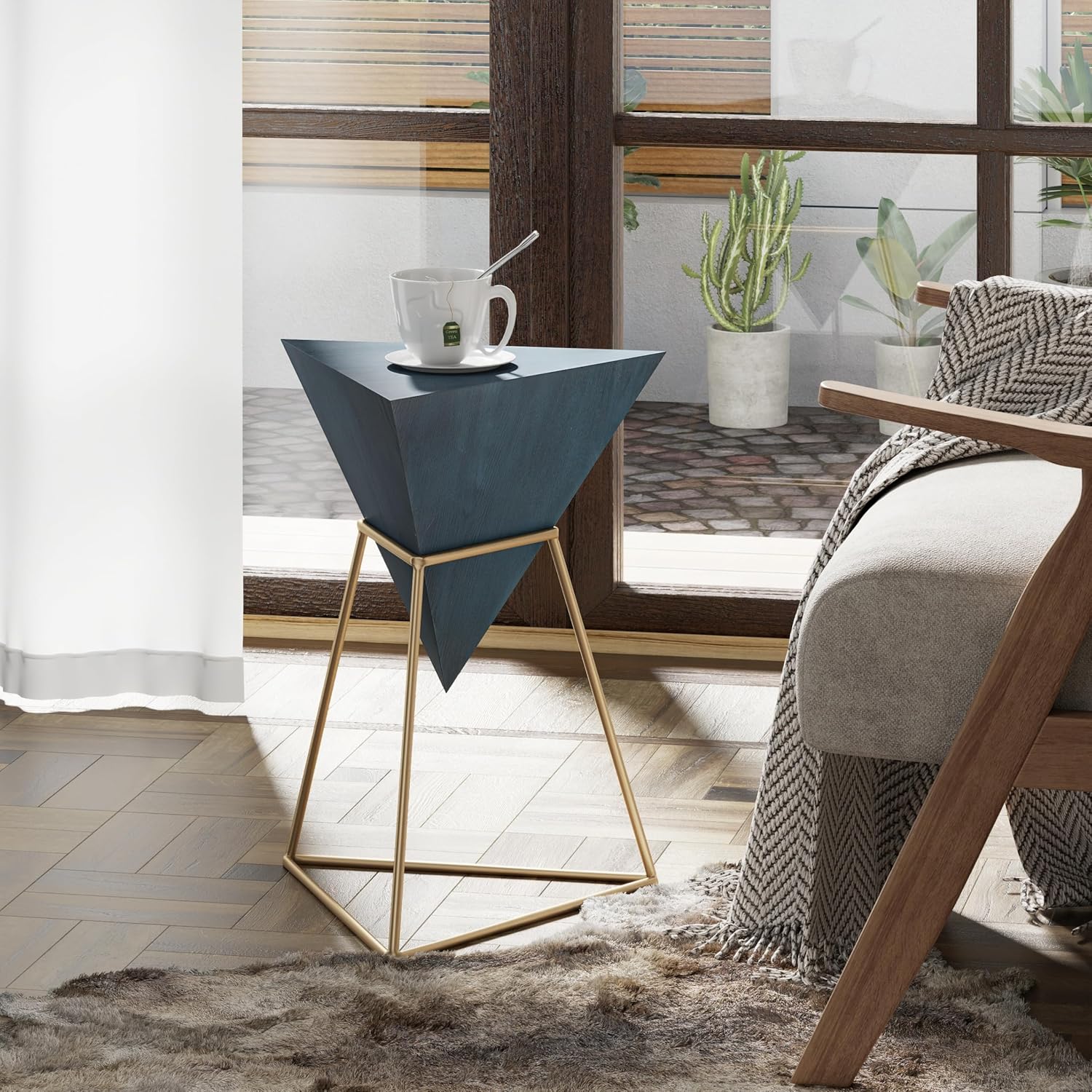 COZAYH Modern Geometric End Table with Wooden Top and Golden Metal Base, Unique Pyramid Side Table Plant Stand for Office, Living Room, Bedroom, Fully Assembled, Triangle, Blue