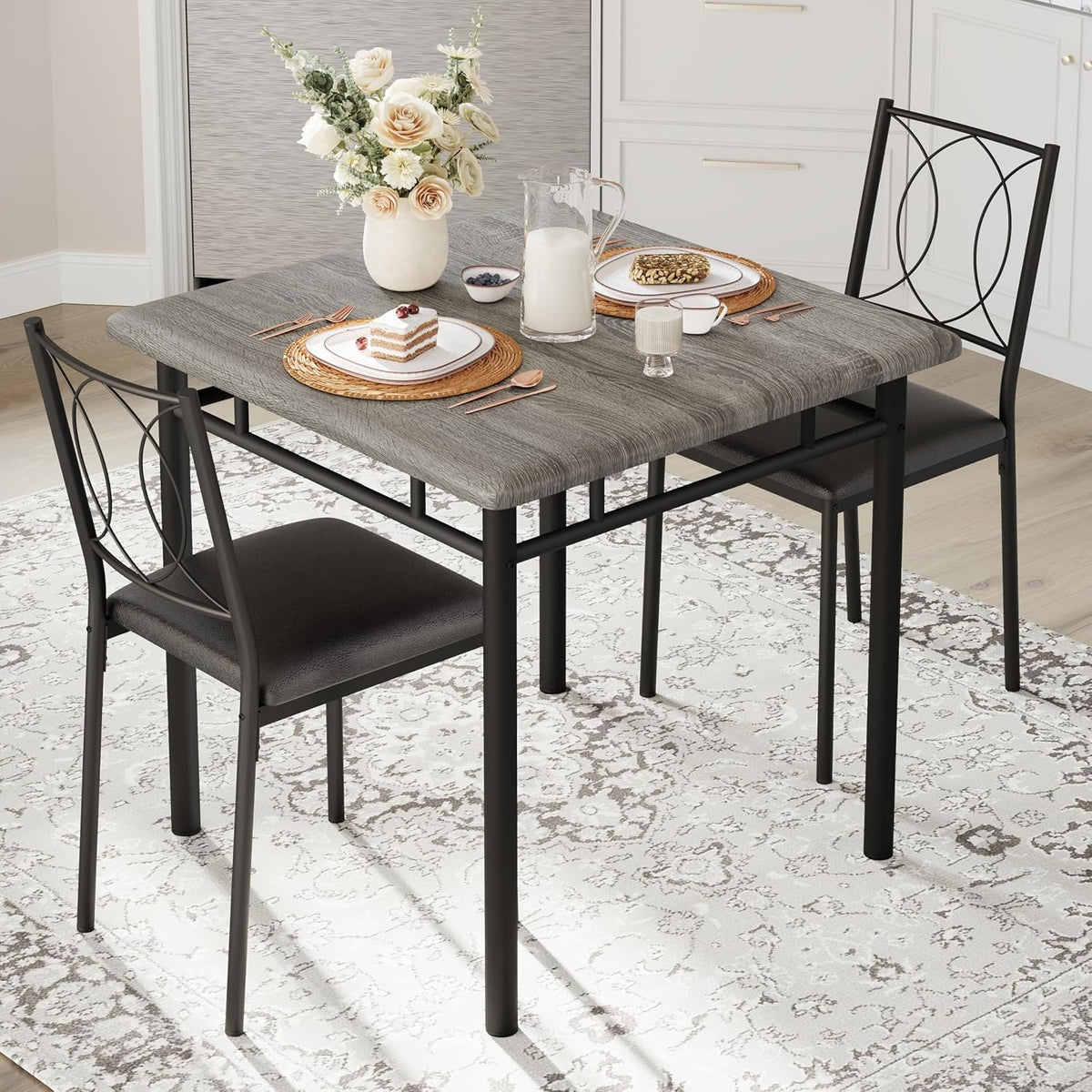 Garvee Dining Table Set for 2, Small Kitchen Table with Upholstered Chairs | Farmhouse Wood Dining Table Chairs for Kitchen Room, Small Spaces, Apartment
