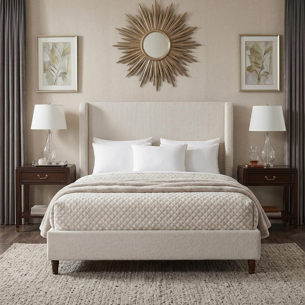 Upholstered Bed Frame with 54" Tall Wingback Headboard, Elegant Boucle Fabric, Solid Wood Legs, Sturdy Metal Structure, No Box Spring Needed, Easy Assembly (Cream White, King)