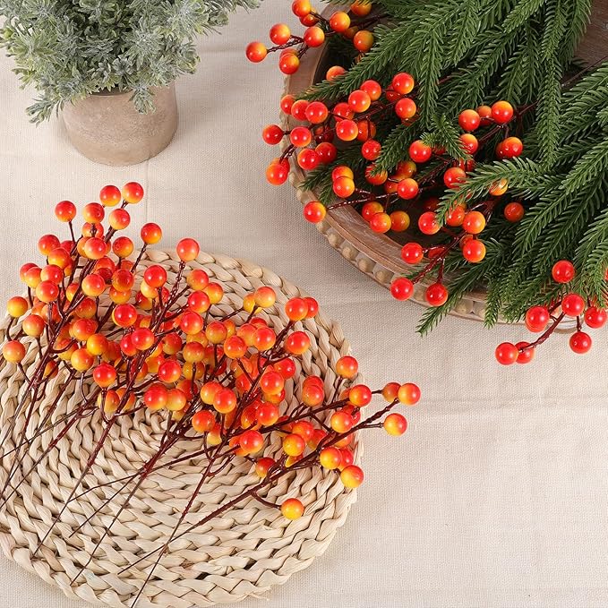 40 Pcs Artificial Berry Stems Branches, Fall Halloween Faux Holly Berries Picks and Sprays Ornaments for Thanksgiving Wreath DIY Craft Decorations Holiday Home Decor (40, Orange)