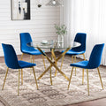 5-Piece Glass Dining Table Set, Modern Round Gold Dining Room Set with Tempered Glass Kitchen Table and 4 Blue Upholstered Chair for Apartment, Living Room
