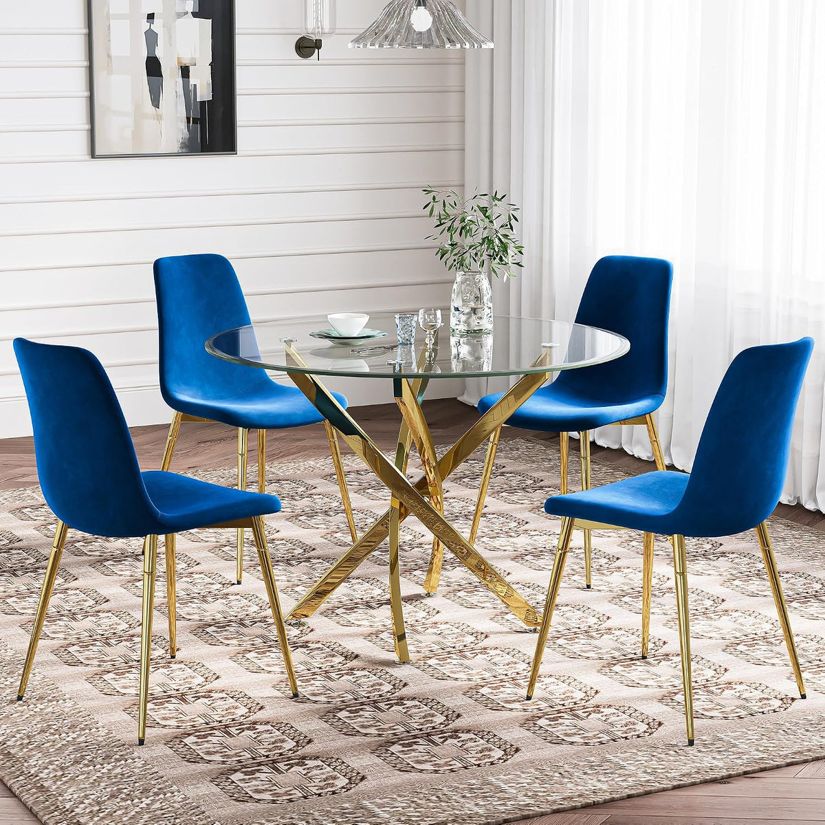 5-Piece Glass Dining Table Set, Modern Round Gold Dining Room Set with Tempered Glass Kitchen Table and 4 Blue Upholstered Chair for Apartment, Living Room