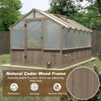 8x12 FT Greenhouse Kit with 6MM Thick Polycarbonate Panel for Outdoor, Wooden Walk-in Green House with Adjustable Roof Vent and Lockable Door, Backyard, Garden, Light Mocha Brown