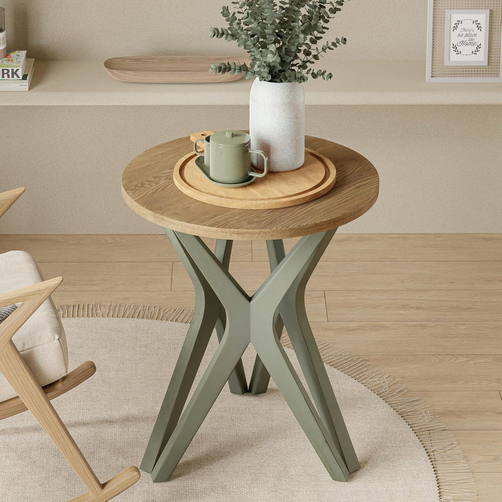 Pedestal Farmhouse End Table, Distressed Top with Tripod Base Bedside Table for Living Room, Modern, Boho, Round, Sage Green