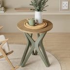 Pedestal Farmhouse End Table, Distressed Top with Tripod Base Bedside Table for Living Room, Modern, Boho, Round, Sage Green