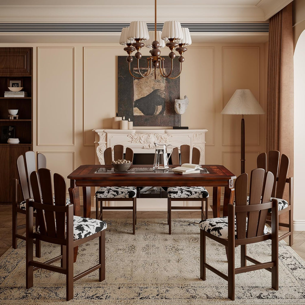 Rectangular Glass Dining Table 59” with Cherry Veneer Frame and Solid Wood Legs, for 4-6 People Tempered Glass Tabletop for Dining Room or Kitchen,Easy Assemble, Cherry Brown, CZ-A1168-GT