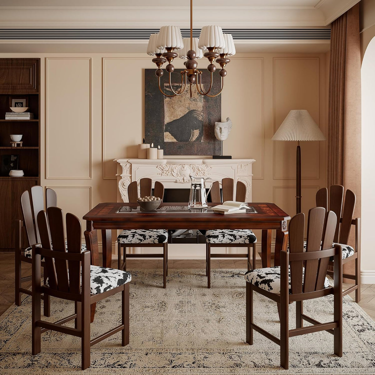 Rectangular Glass Dining Table 59” with Cherry Veneer Frame and Solid Wood Legs, for 4-6 People Tempered Glass Tabletop for Dining Room or Kitchen,Easy Assemble, Cherry Brown, CZ-A1168-GT
