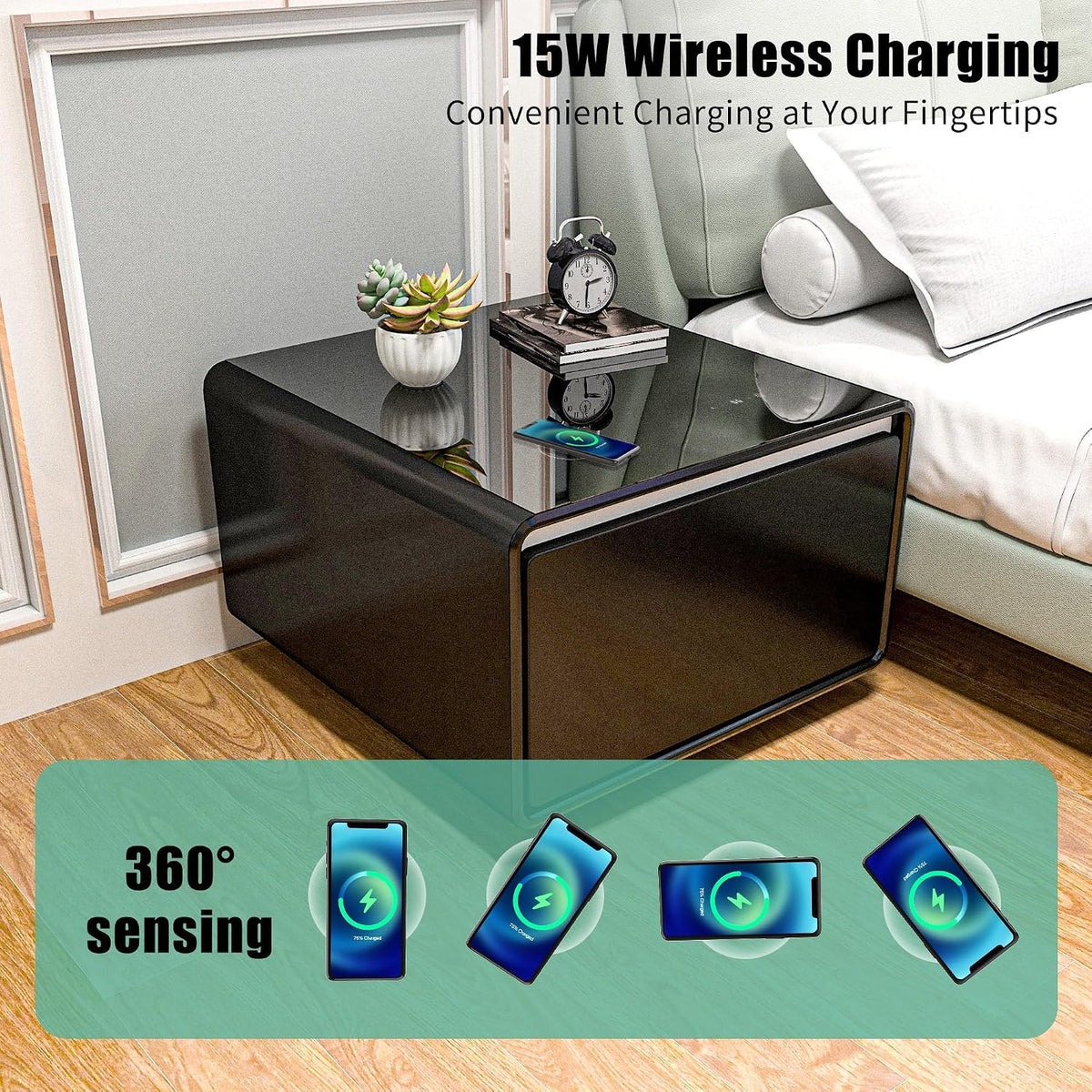 LUMISOL Smart Side Table with Built-in Fridge, Wireless Charging, Temperature Control, Power Socket, USB Ports, Outlet Protection, Induction Light, Black