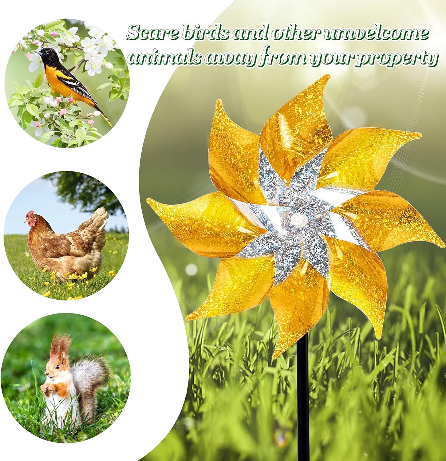 Hausse 10 Pack Reflective Pinwheels with Stakes, Extra Sparkly Pin Wheel for Garden Decor, Bird Repellent Devices Deterrent to Scare Birds Away from Yard Patio Farm, Golden