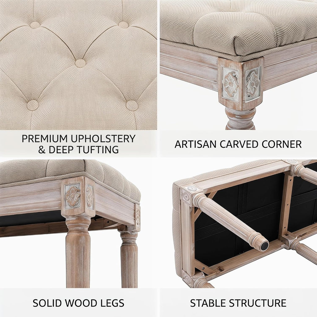 chairus Fabric Upholstered Dining Bench - Classic Entryway Ottoman Bench Bedroom Bench with Rustic Wood Legs - Beige