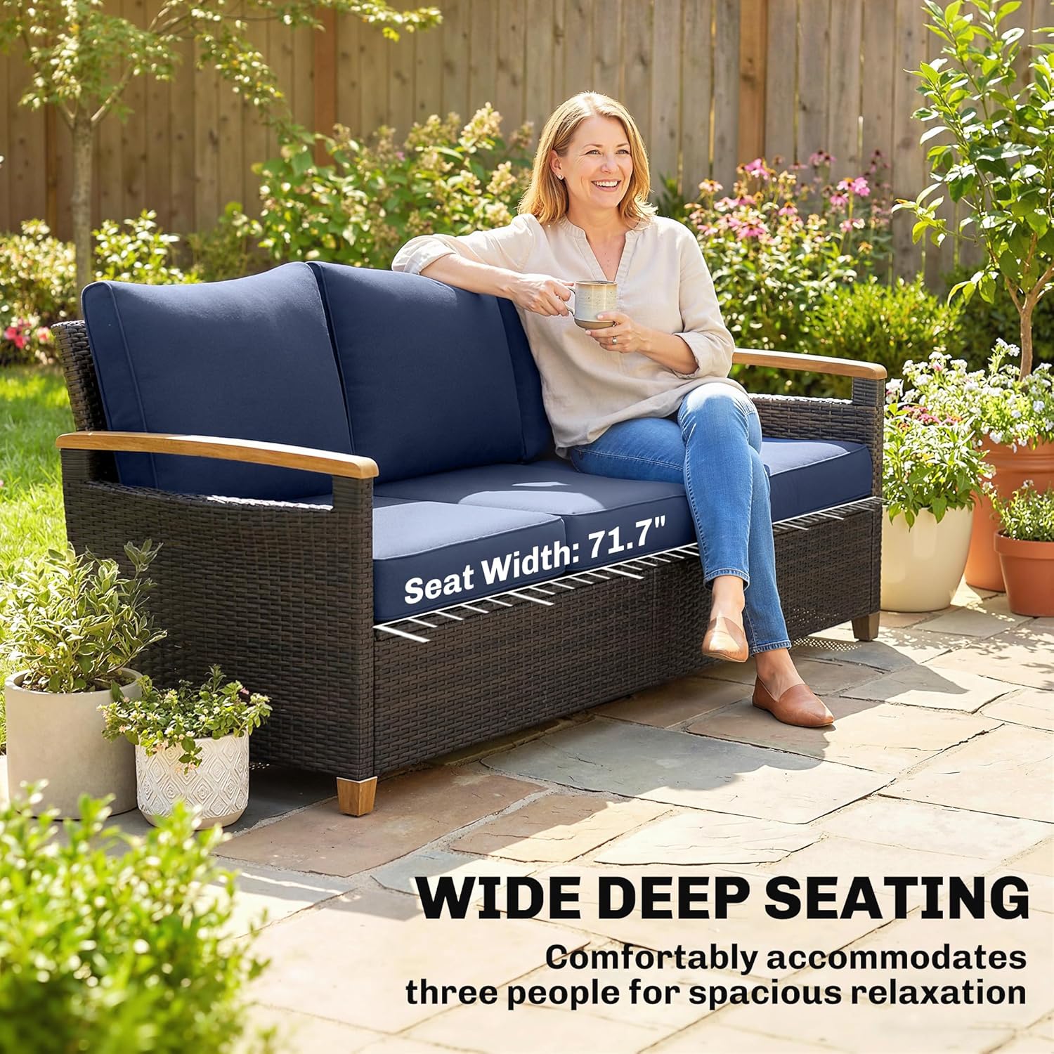 Outsunny 3 Seater Outdoor Couch Sofa, PE Wicker Patio Couch with Wide Deep Seating, 4" Foam Cushions, Wood-Effect Armrests and Legs, Patio Sofa Furniture for Garden, Backyard, Porch, Dark Blue