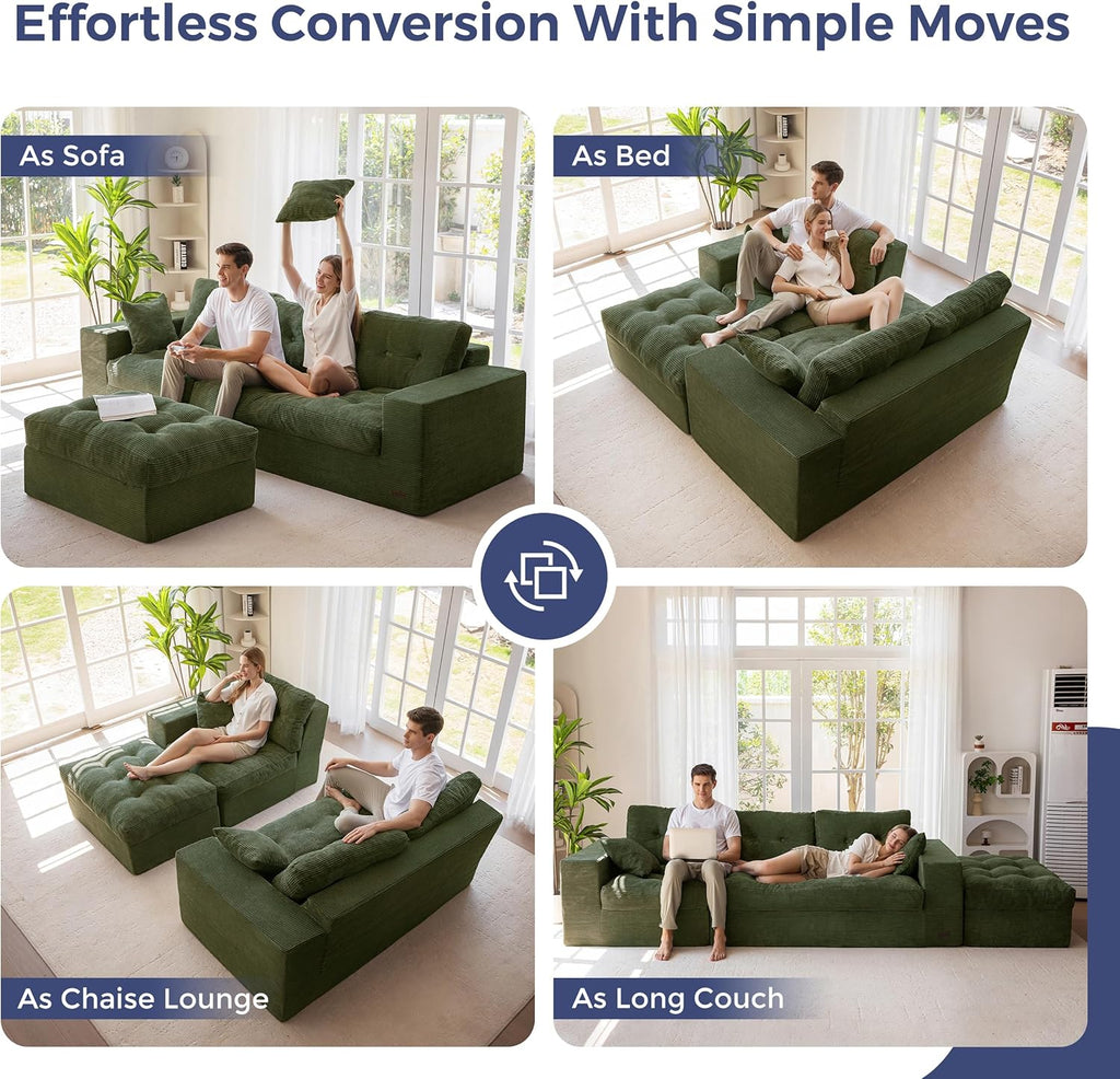 MAXYOYO Couch, 104-Inch L-Shaped Cloud Couch with Ottoman | Dark Green Upholstered Sofa Features Layered Cushions and Flexible Modules with No Assembly, Ideal for Modern Living Rooms.