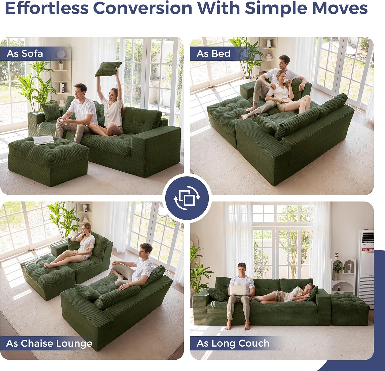 MAXYOYO Couch, 104-Inch L-Shaped Cloud Couch with Ottoman | Dark Green Upholstered Sofa Features Layered Cushions and Flexible Modules with No Assembly, Ideal for Modern Living Rooms.