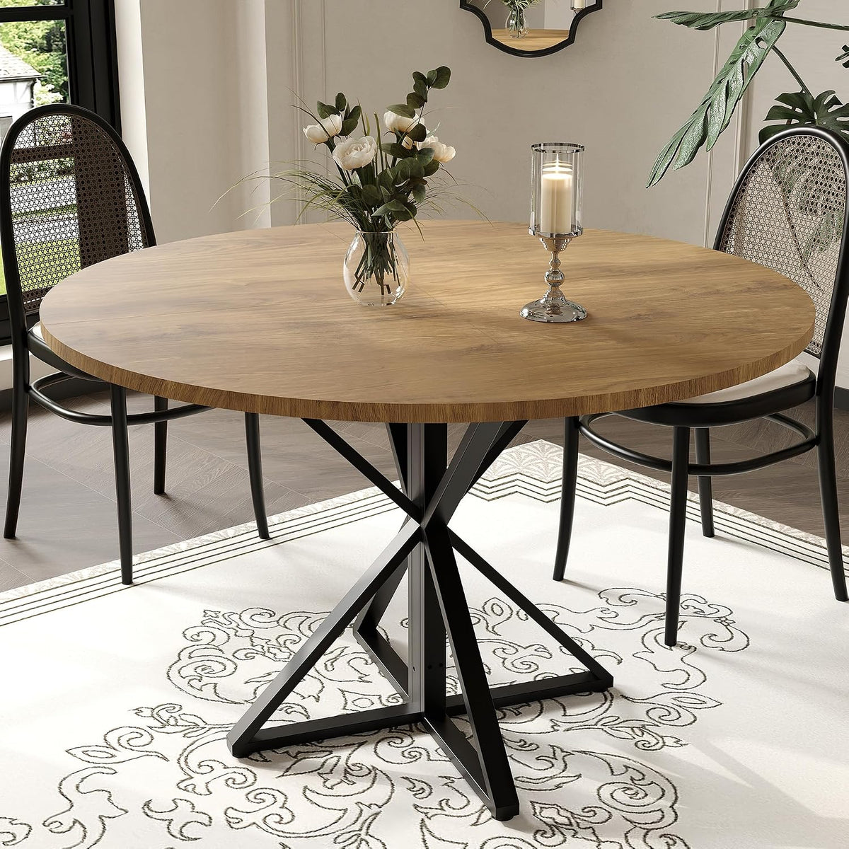 GarveeHome 47 Inch Round Dining Table for 4, Circle Kitchen Table with Pedestal Base, Farmhouse Wooden Dining Table for Small Spaces, Kitchen & Dining Room, Living Room（Brown/Only Table）