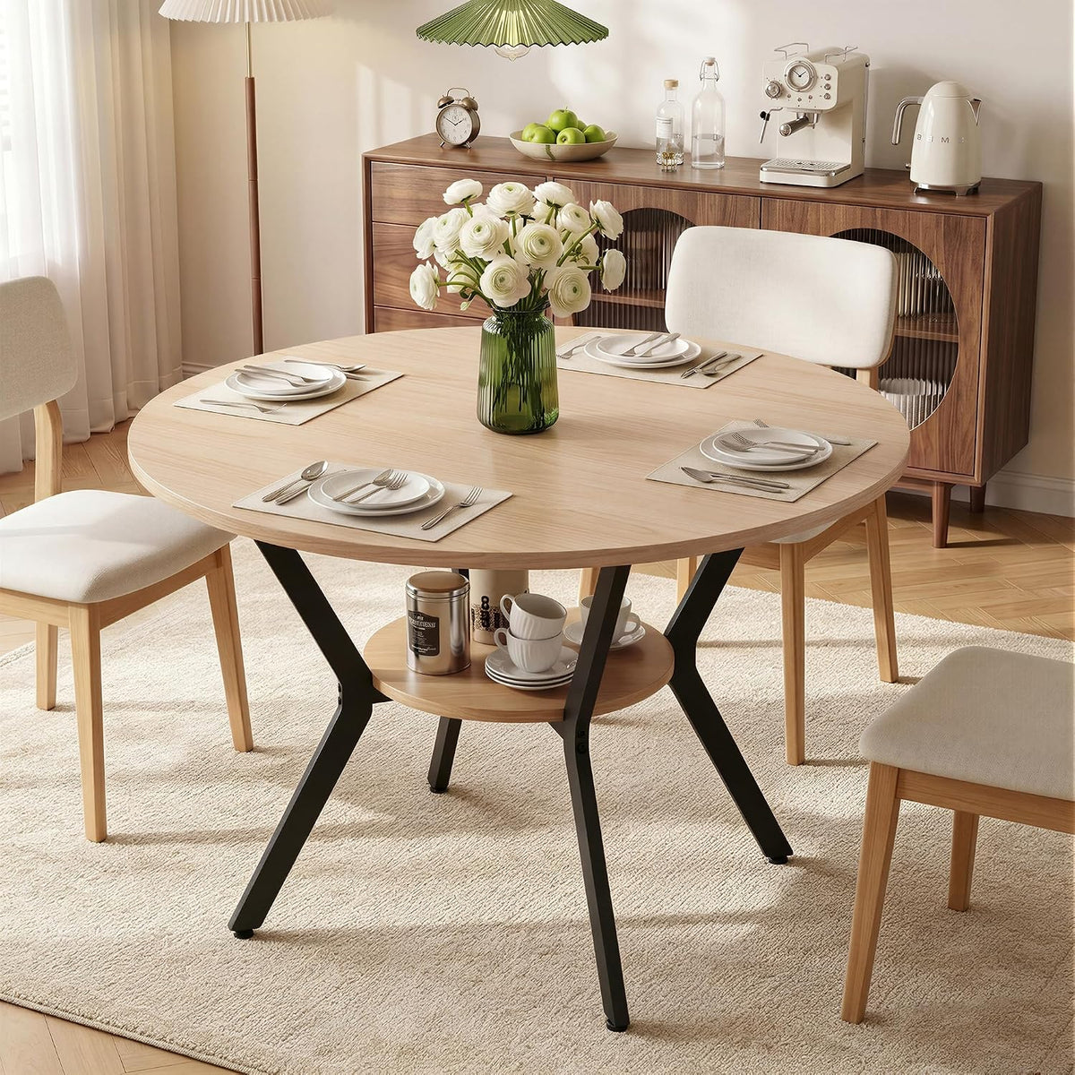 Miereirl 42.13" Round Dining Table for 4, Modern Kitchen Table with Open Storage Shelf, Wood Dining Table for Dining Room, Apartment, Small Spaces