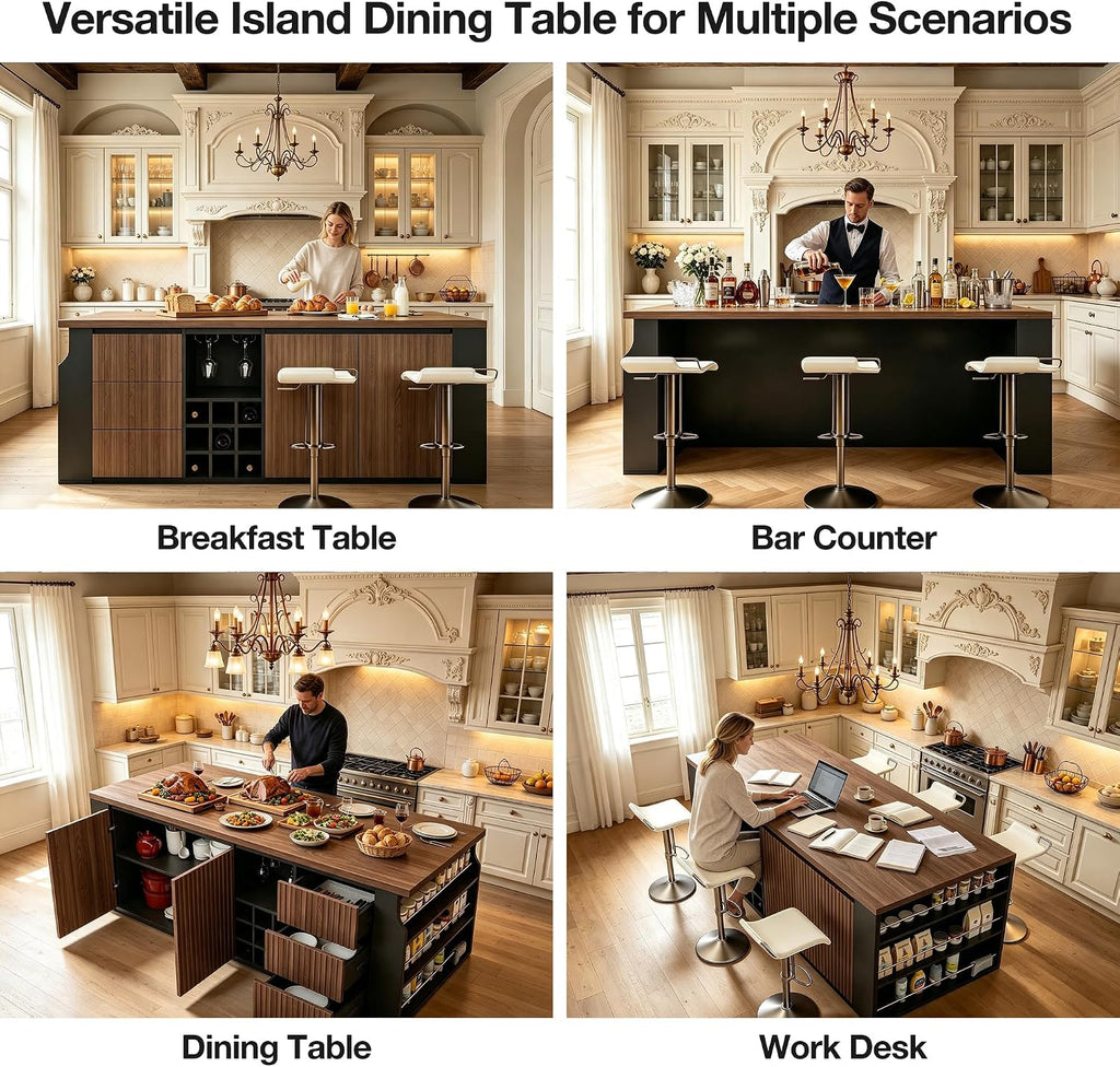71" Kitchen Island with 3 Drawers, Wine Rack & Side Storage,Walnut | Dual-door cabinet, adjustable shelves. Glass holders & side rack for storage. Durable, wear-resistant top. Fits dining & prep