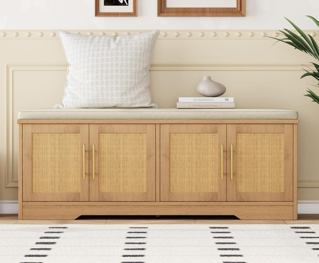 Rattan Shoe Storage Bench, 47.2" Wide Entryway Bench, Natural Oak | 2 Tier Shoe Bench with Padded Cushion, Hidden Shoe Rack Bench with Adjustable Shelves, for Hallway Living Room, Bedroom