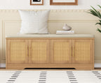 Rattan Shoe Storage Bench, 47.2" Wide Entryway Bench, Natural Oak | 2 Tier Shoe Bench with Padded Cushion, Hidden Shoe Rack Bench with Adjustable Shelves, for Hallway Living Room, Bedroom