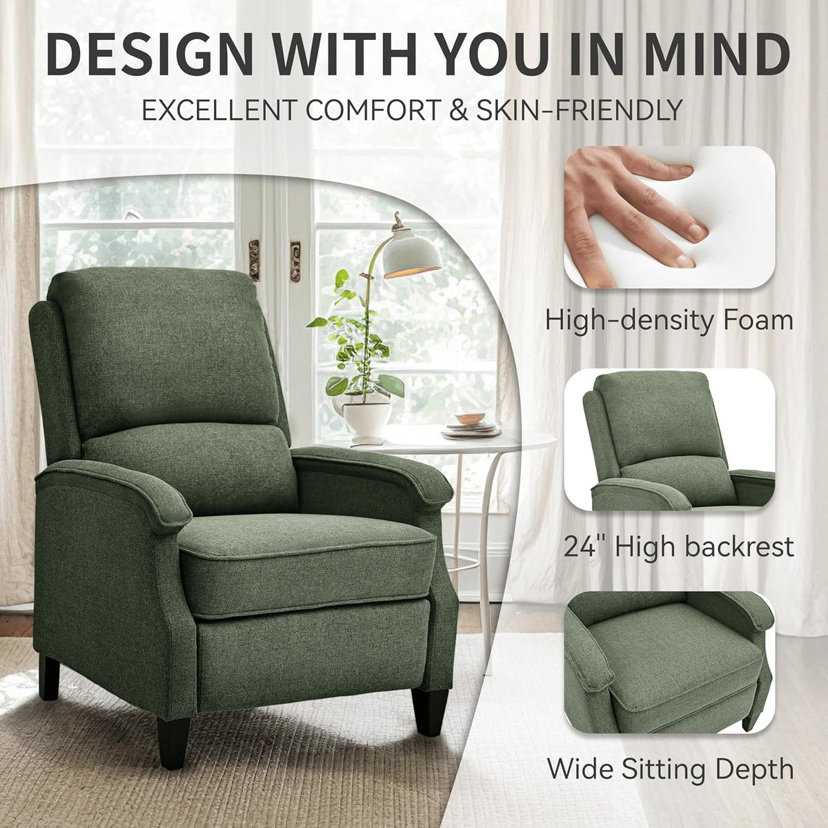 VKNOW Recliner Chair, Fabric Recliner with Soft Armrest, Home Theater Seating with Adjustable Push Back and Lumbar Support, Single Sofa for Adults, Lounge Chair for Living Room, Bedroom（Green）