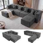MONVANE U Shaped Sectional Couch Oversized, Chenille, Gray | 6-Seat Sectional Couch for Living Room, Modular Cloud Sofa with Ottoman & 6 Throw Pillows, No Assembly Required