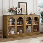 SOFTSEA Farmhouse 58" Sideboard with Adjustable Shelves, Glass Arch Buffet Cabinet for Kitchen and Living Room, Old Pine