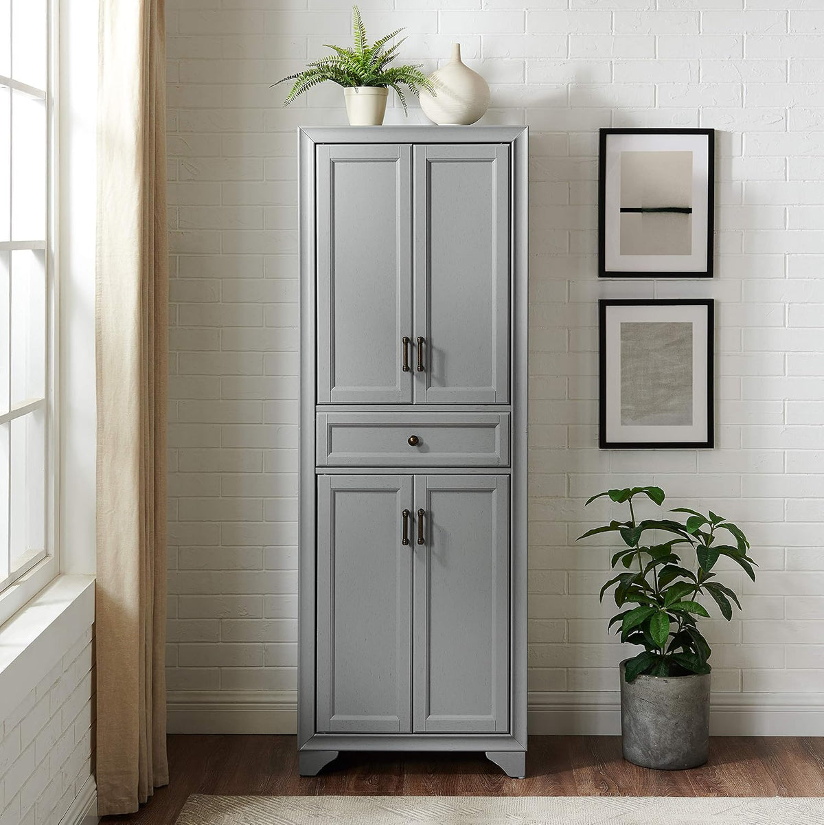 Crosley Furniture Tara Pantry Storage Cabinet with Shelves, Kitchen, Dining, or Laundry Room, Distressed Gray