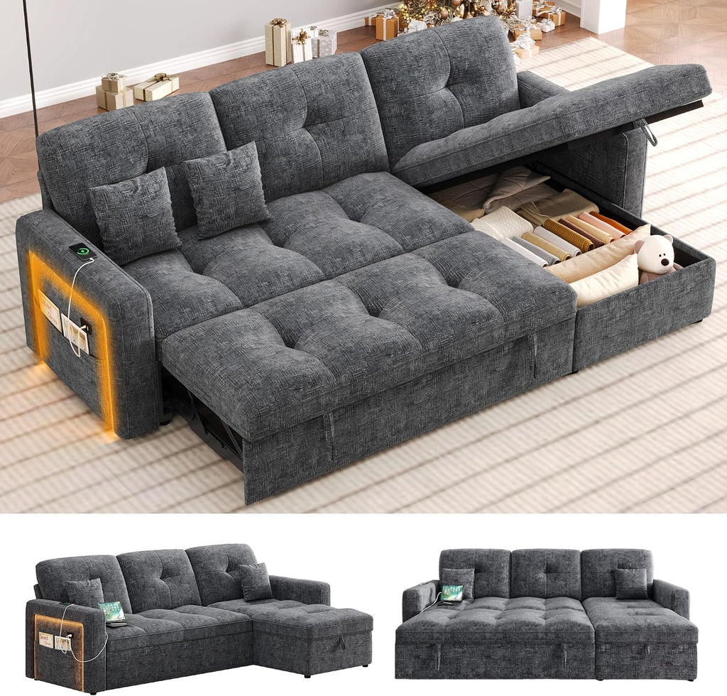 81'' LED L-Shaped Sectional Couch for Living Room, Sleeper Sofa Bed, Grey | Comfy Chenille Cloud Couch, Pull Out Bed, Storage Chaise, 5-level Adjustable Backrest, USB Charging, 2 Pillow, 900LB Capacity