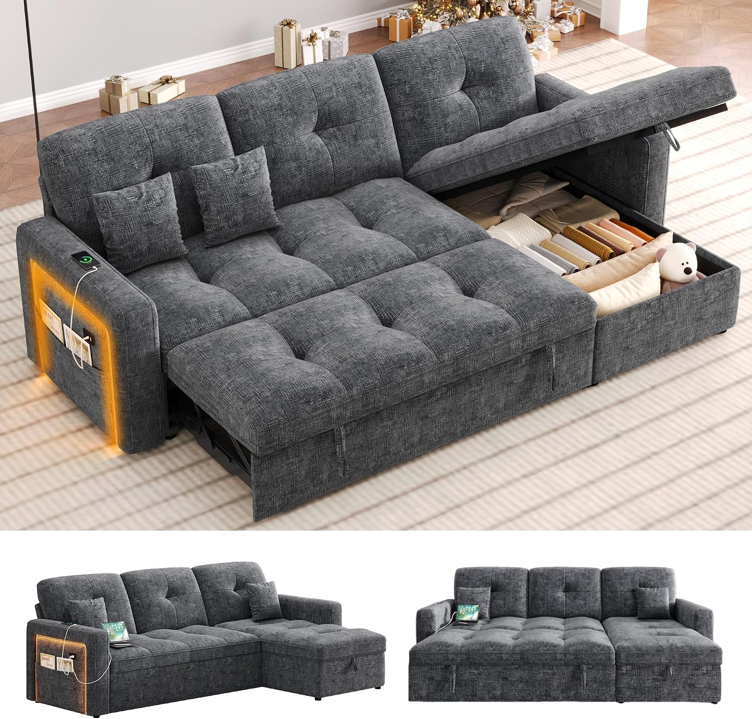 81'' LED L-Shaped Sectional Couch for Living Room, Sleeper Sofa Bed, Grey | Comfy Chenille Cloud Couch, Pull Out Bed, Storage Chaise, 5-level Adjustable Backrest, USB Charging, 2 Pillow, 900LB Capacity