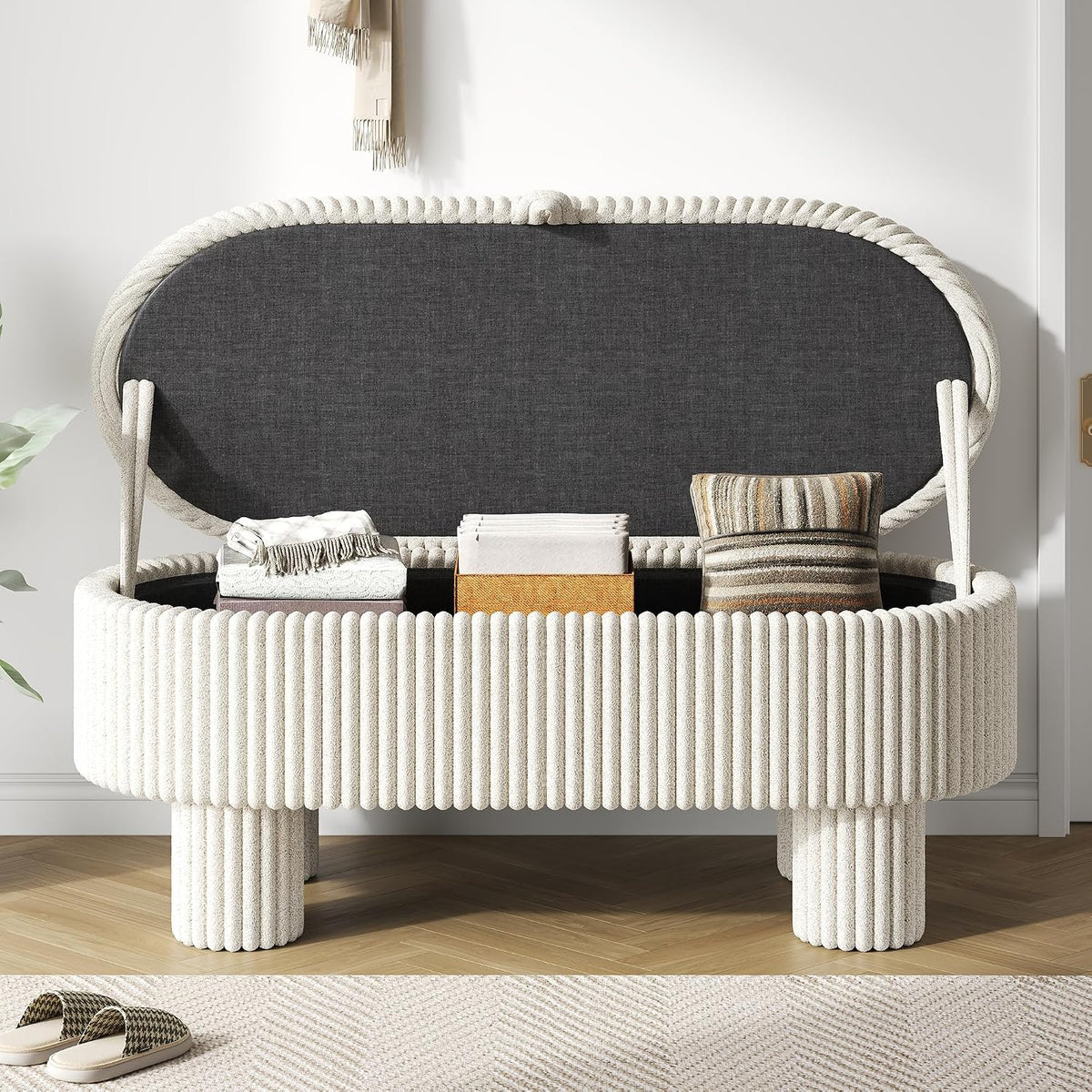 Merax Modern Storage Ottoman, Corduroy Upholstered Bench with Cylinder Legs, Wooden Bedroom Storage Seat, Beige Entryway Shoe Bench for Living Room, Bedroom