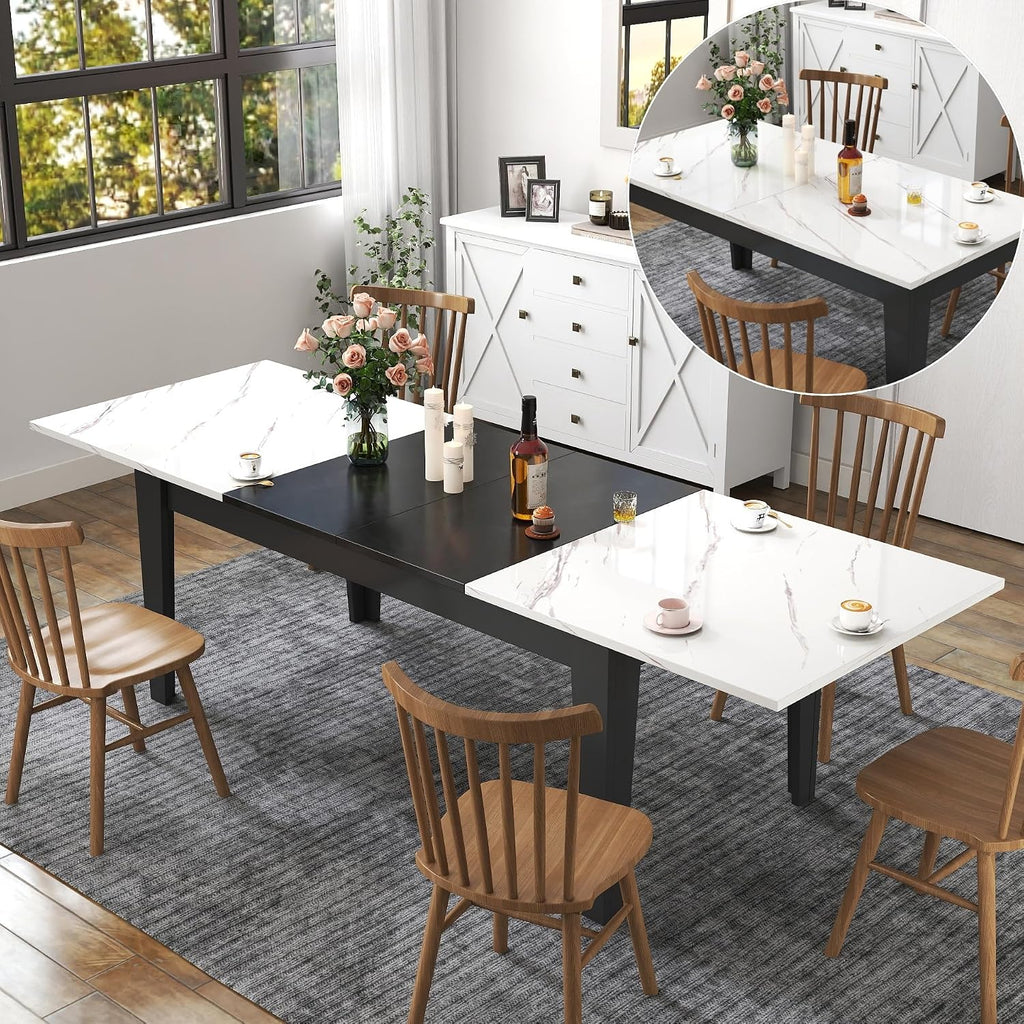 KEIKI 70.87”-106.3”L Extendable Dining Room Table for 6-10 People, Wood Modern Rustic Rectangle Expandable Kitchen Living Meeting Room Gatherings Furniture, 3 Tabletop Length Options, Marble White