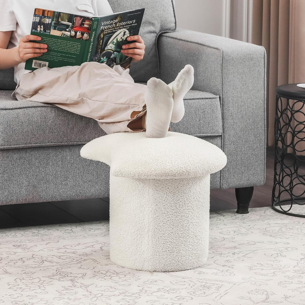 Homebeez Teddy Velvet Modern Round Ottoman, Small Footstool with Padded Seat, Upholstered Vanity Foot Rest Stool Chair for Entryway, Living Room, Bedroom, White