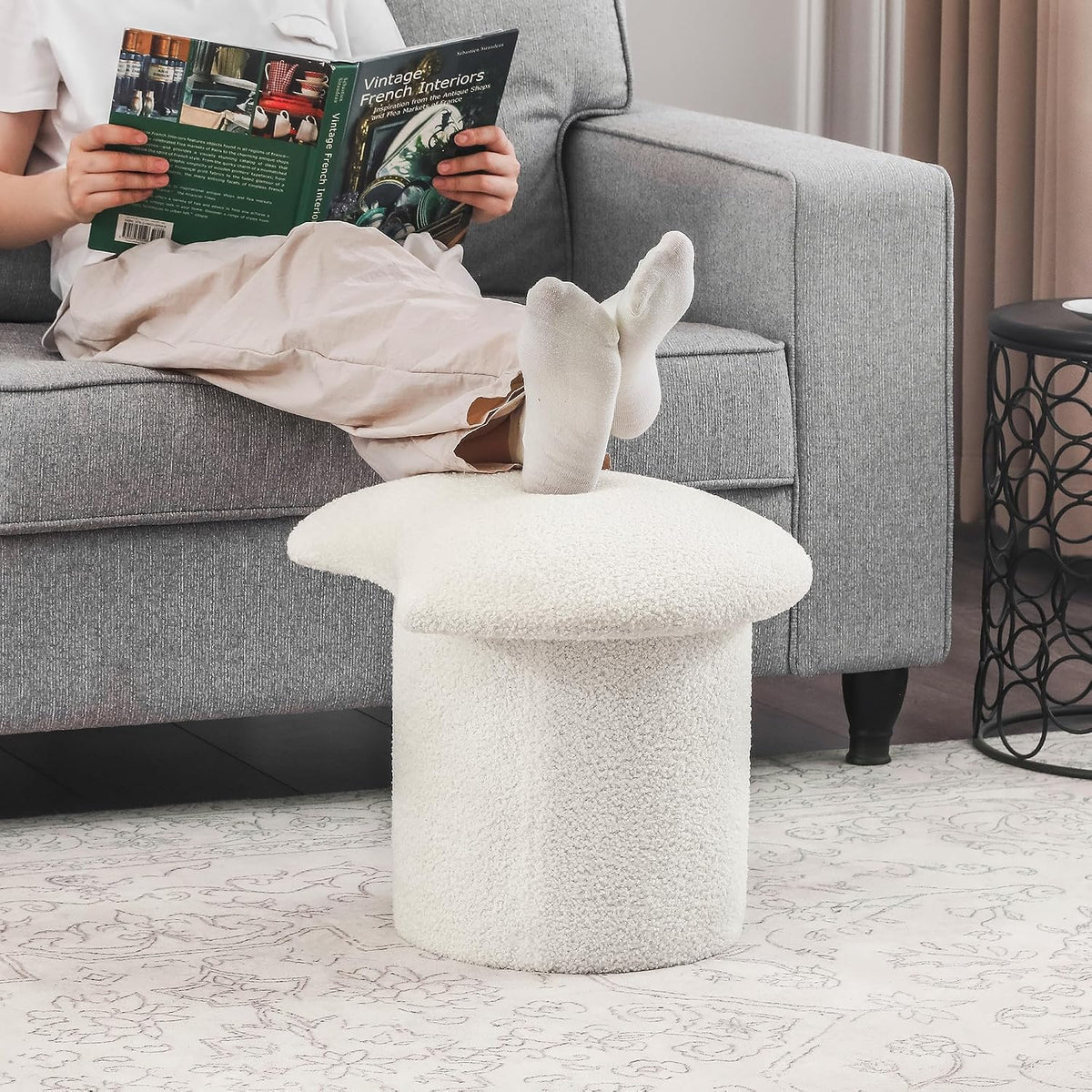 Homebeez Teddy Velvet Modern Round Ottoman, Small Footstool with Padded Seat, Upholstered Vanity Foot Rest Stool Chair for Entryway, Living Room, Bedroom, White